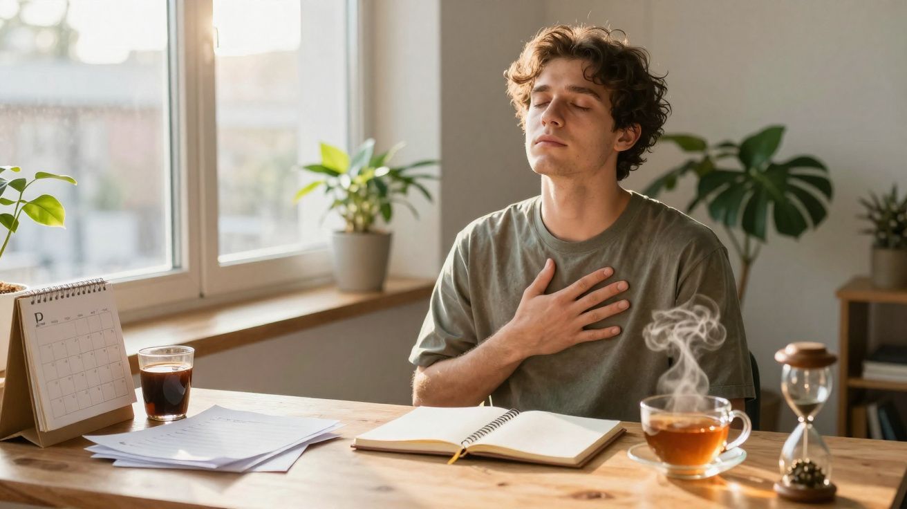 Jovem sentado numa mesa com olhos fechados, mão no peito, rodeado de plantas, chá e material de estudo.