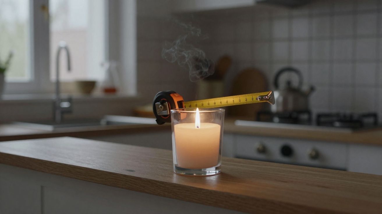 Vela acesa num copo com fita métrica suspensa sobre ela numa cozinha moderna.