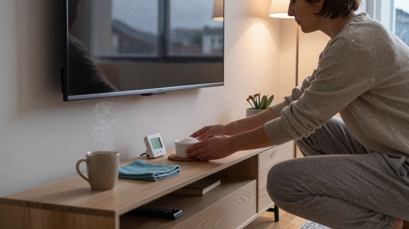 Pessoa a arrumar um difusor de aromas numa sala com televisão e uma caneca com vapor na mesa.