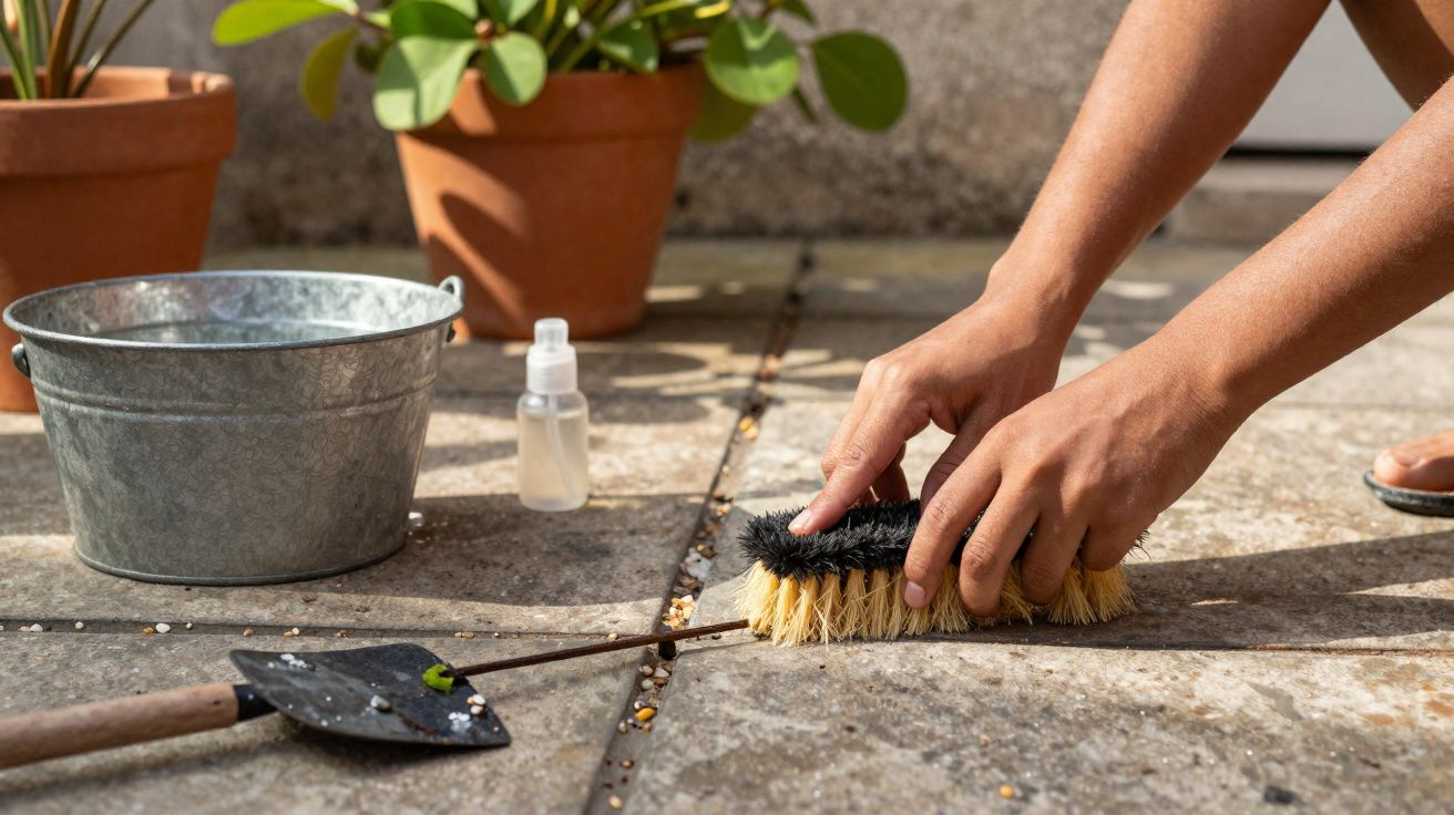 Pessoa a esfregar chão de pedra com escova ao lado de regador, pulverizador e vaso de plantas.