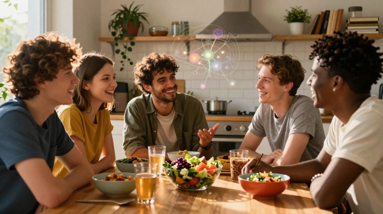 Jovens a conversar animadamente à mesa de cozinha com refeições e bebidas, ambiente descontraído e luminoso.