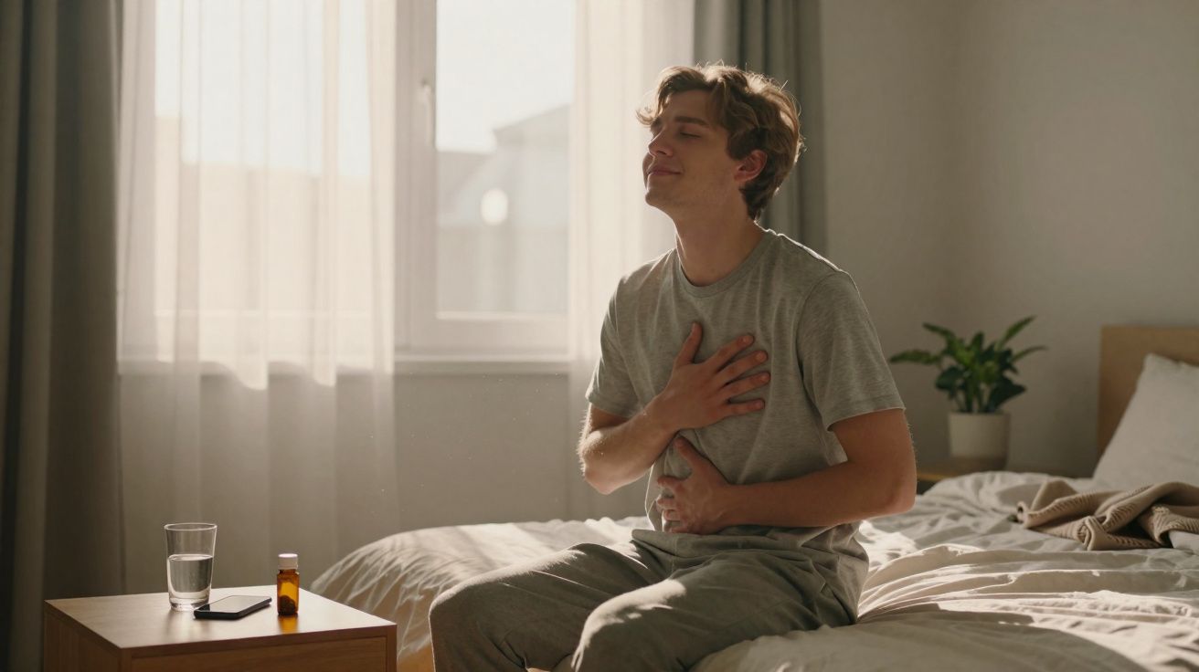 Homem sentado na cama com expressão de dor, segurando o peito e o estômago, ao lado vidro de água e remédio.