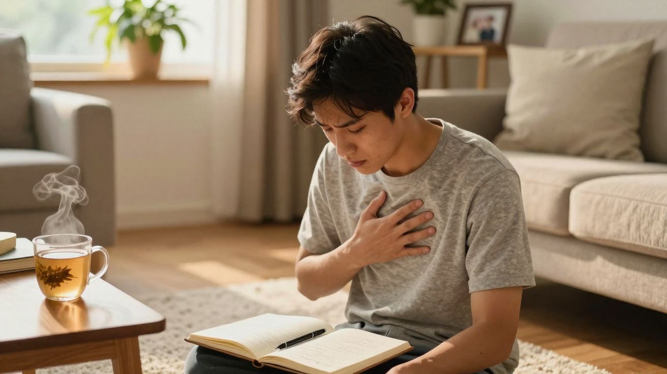 Jovem sentado no chão de sala de estar com rosto de dor e mão no peito, livro aberto à frente.