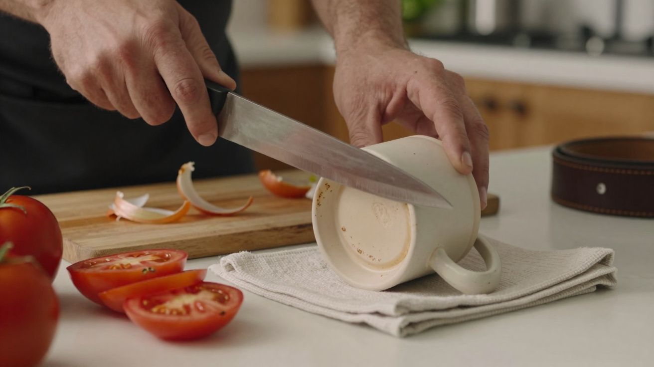 Pessoa a usar uma faca para remover o fundo de uma caneca branca sobre um pano, com tomates e cebola ao lado.