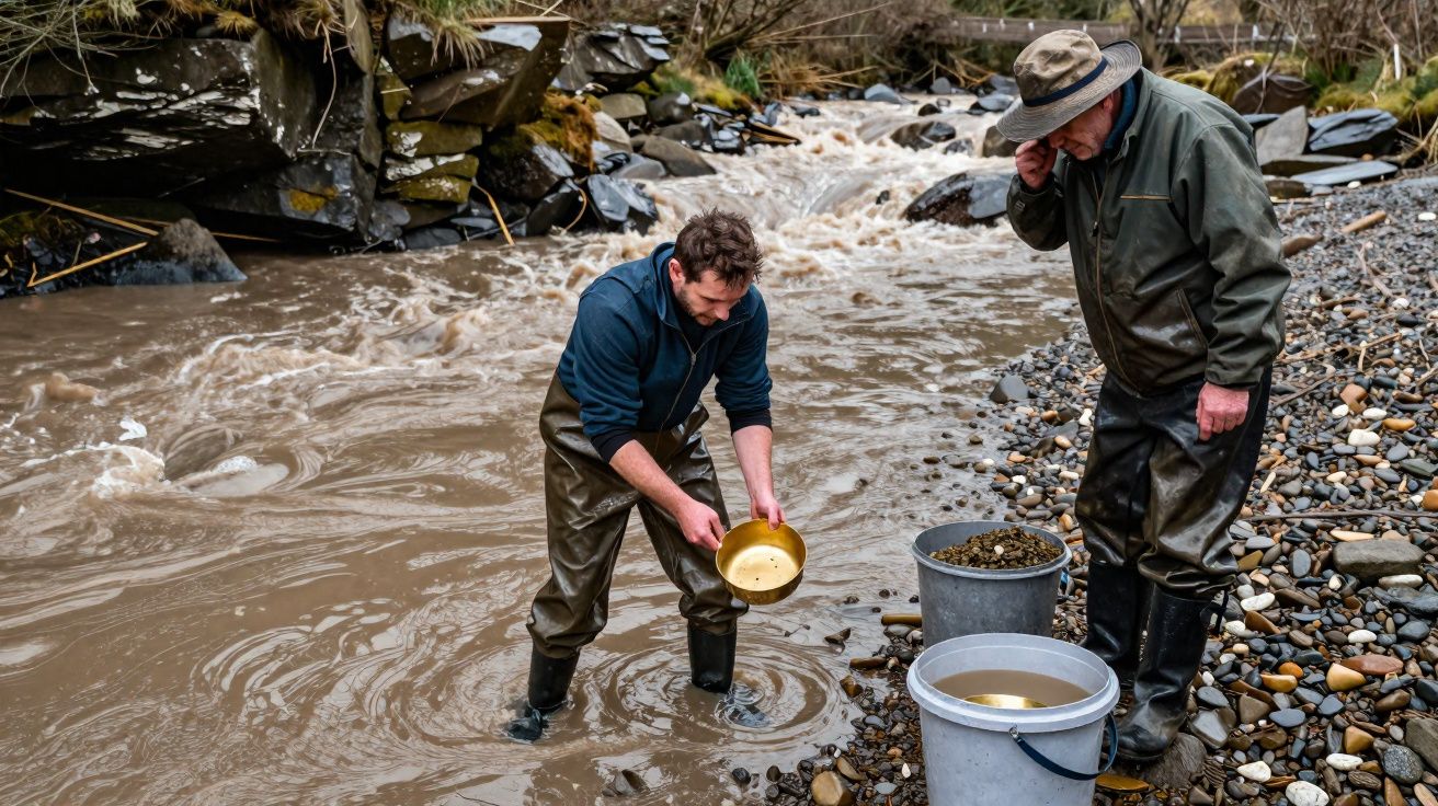 Duas pessoas com roupas impermeáveis a lavar ouro num rio rochoso com baldes ao lado.