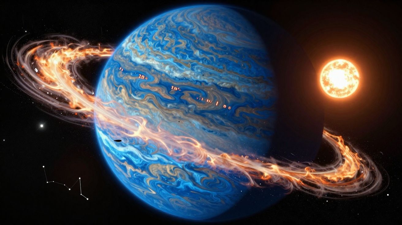 Planeta azul com anéis de fogo numa galáxia escura e uma estrela brilhante ao fundo.