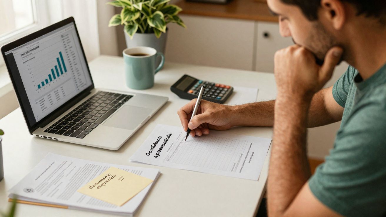 Homem a analisar documentos e gráficos financeiros com calculadora e portátil numa mesa em escritório.