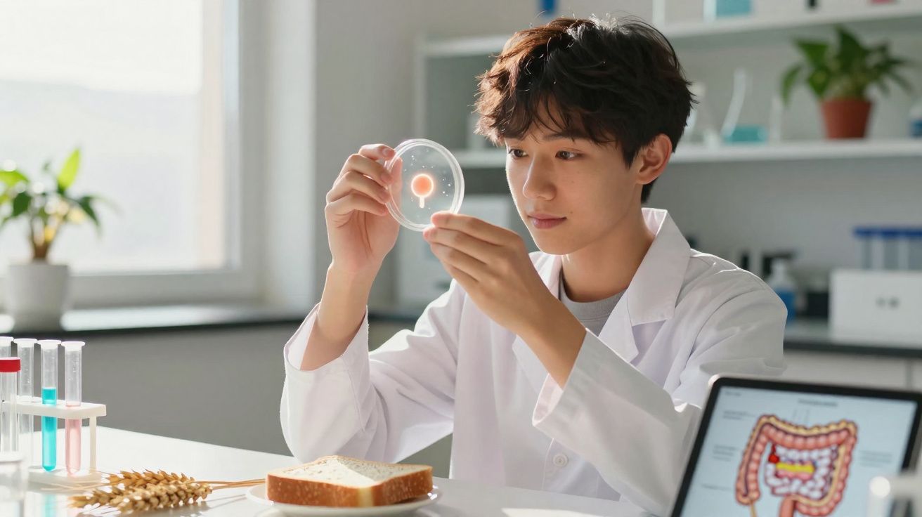 Jovem cientista em bata branca analisa cultura de bactéria numa placa de Petri num laboratório moderno.