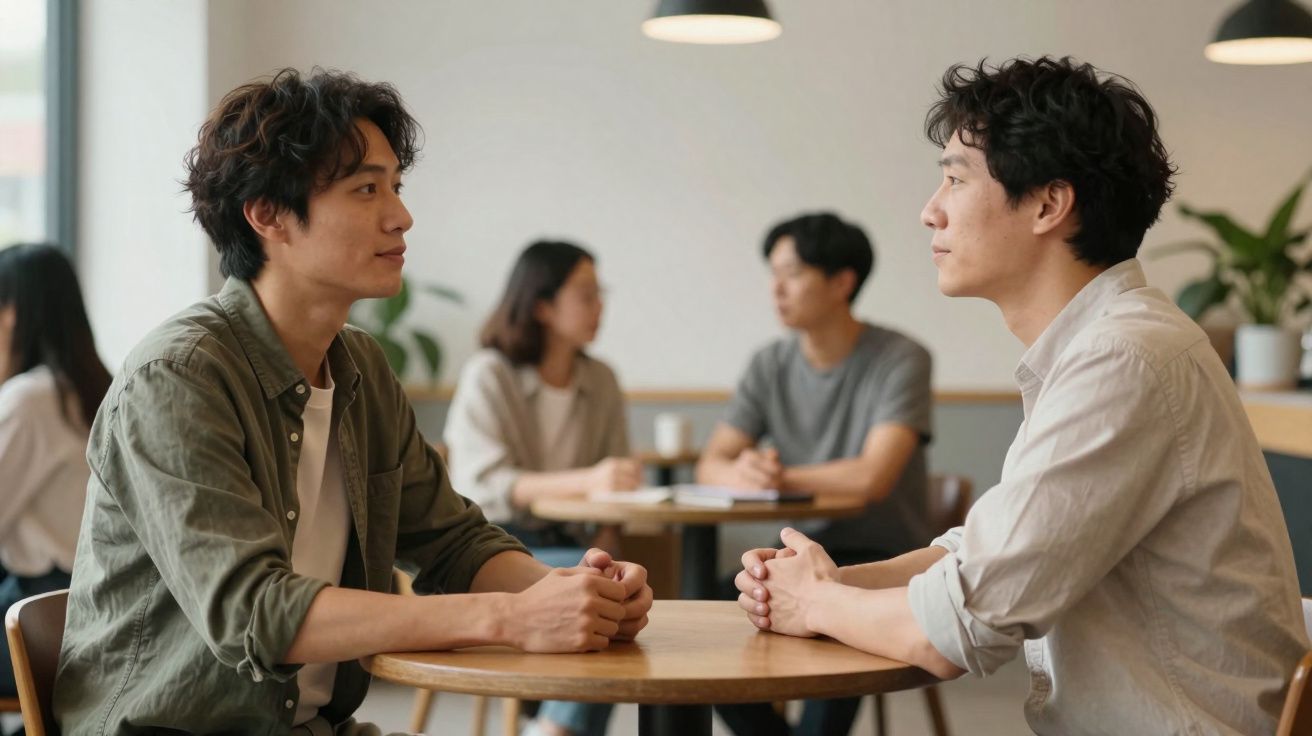 Duas pessoas sentadas frente a frente numa mesa numa cafetaria, conversando, com outras duas ao fundo.
