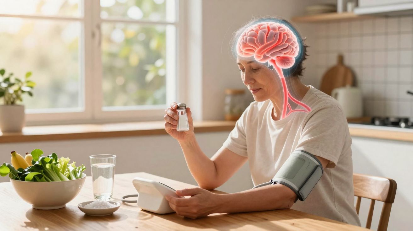 Mulher a medir a pressão arterial, segurando saleiro, com ilustração de cérebro e artérias na cabeça.