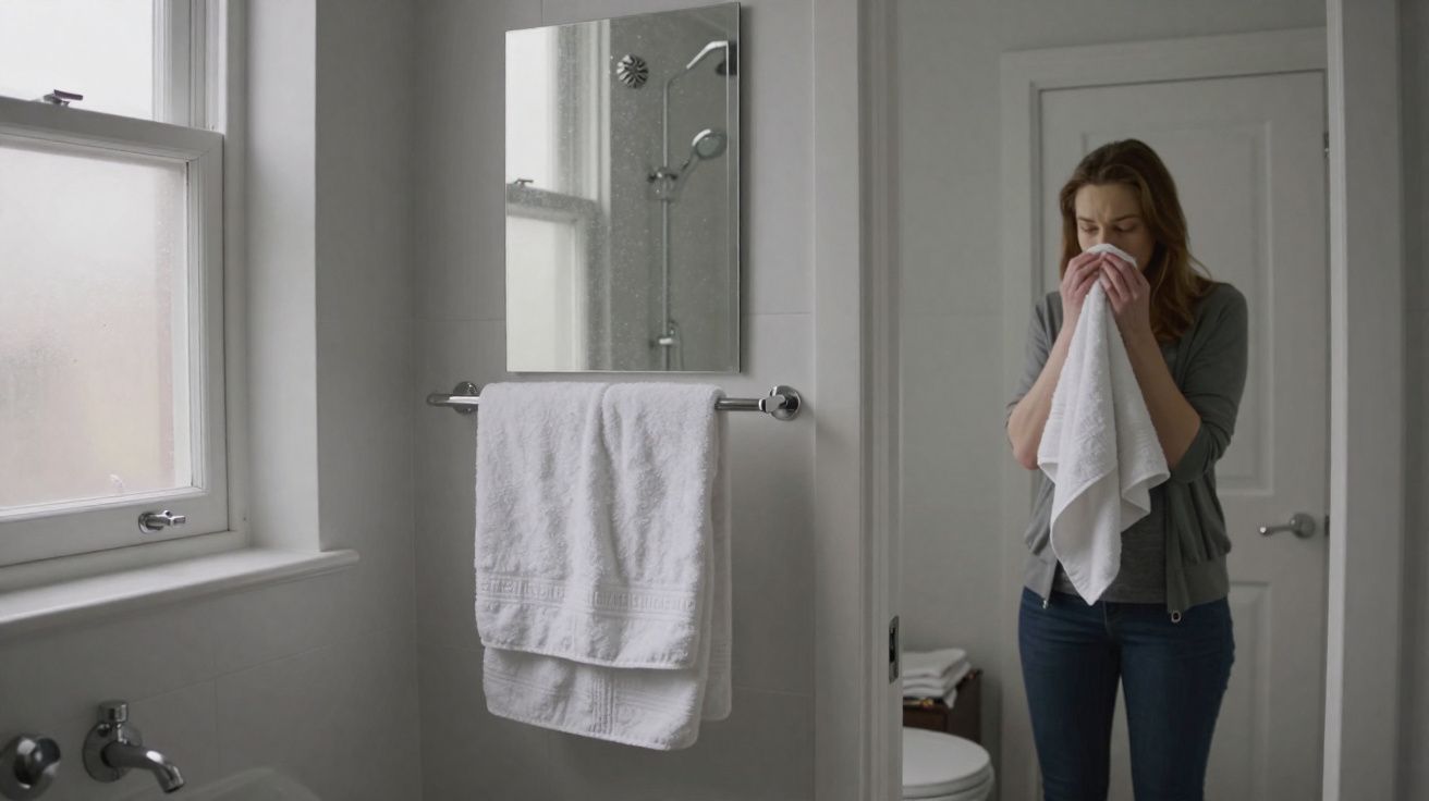 Mulher no banheiro a assoar o nariz com uma toalha branca, ao lado de janela e toalha pendurada.