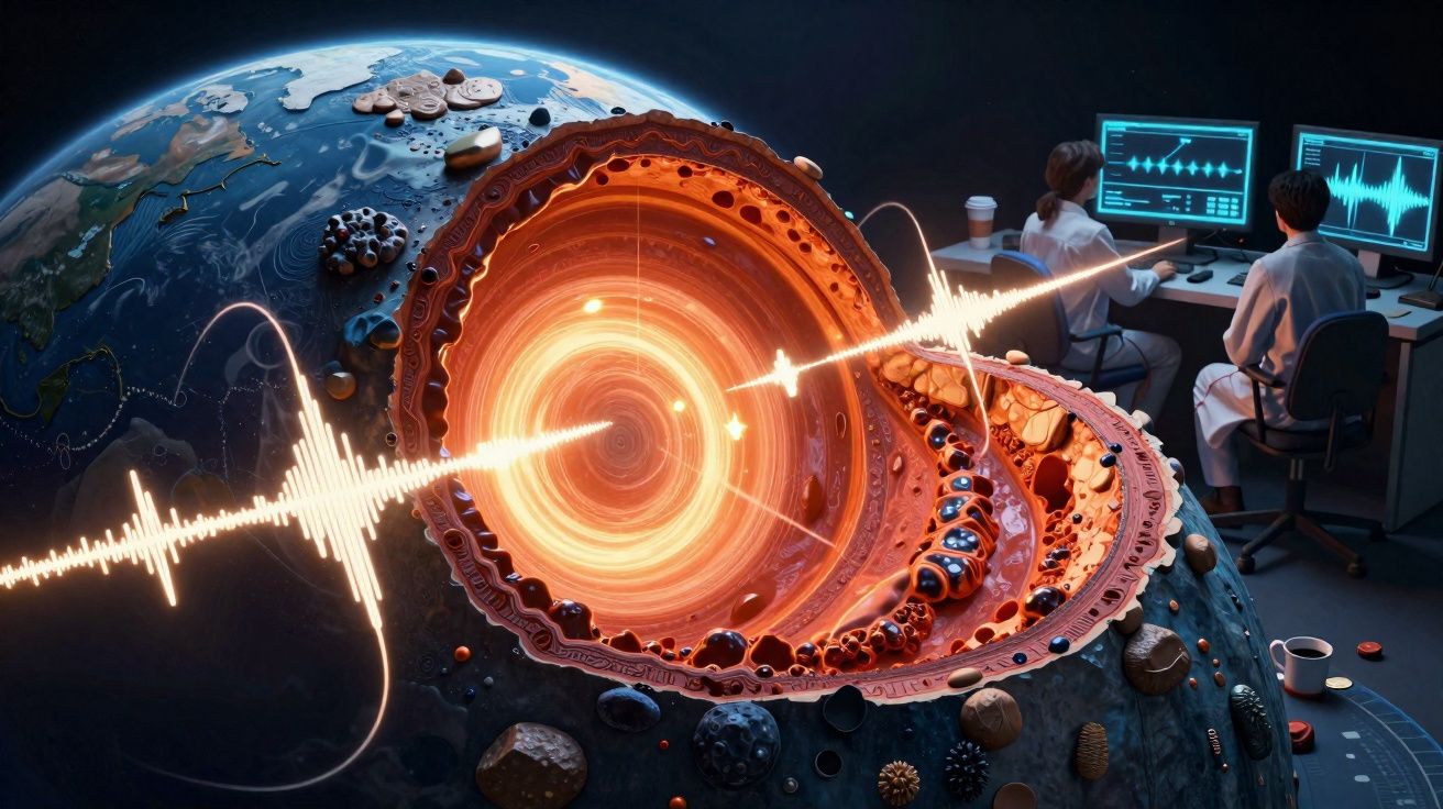 Cientistas analisam sismos, ilustrando o interior da Terra com camadas e ondas sísmicas luminosas.