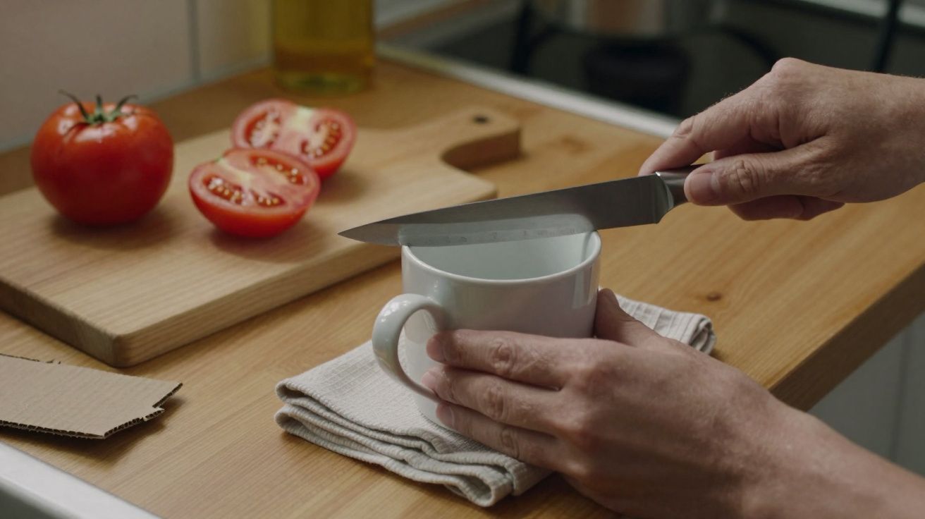 Mãos seguram caneca e faca sobre pano, com tomate inteiro e tomates cortados numa tábua de madeira.