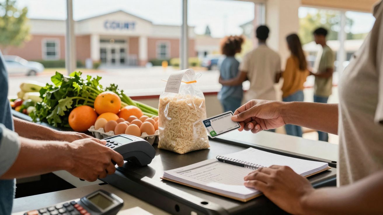 Pagamento contactless com cartão num supermercado com legumes, ovos e massa na caixa.