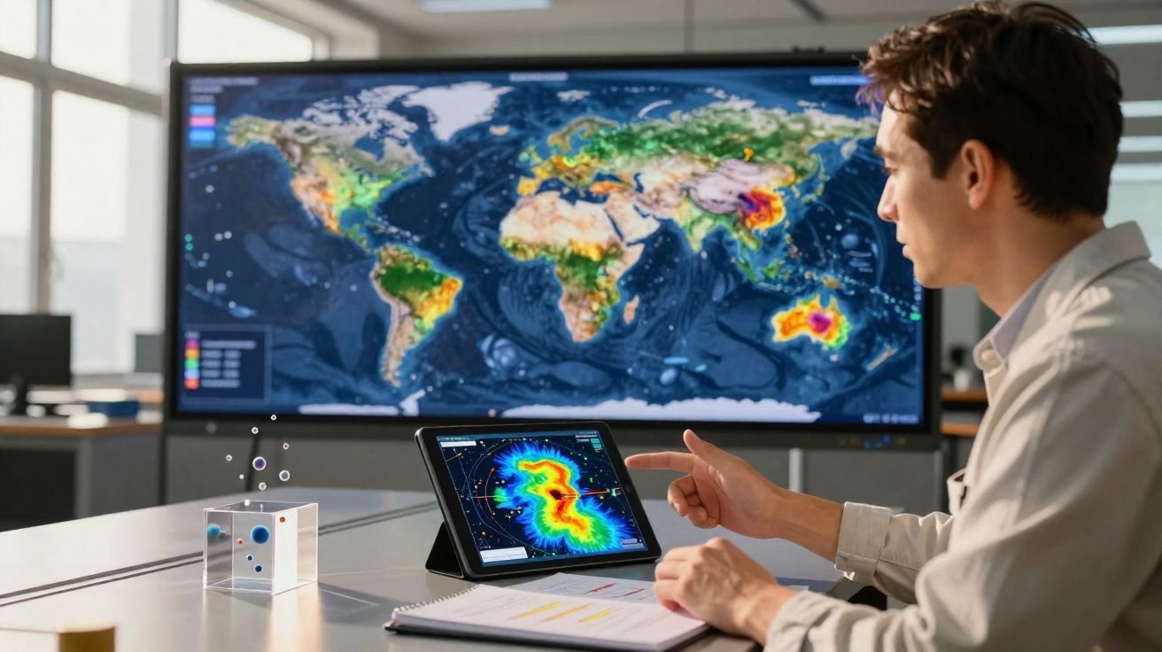 Homem analisa mapas meteorológicos de padrões climáticos numa tablet e num ecrã grande num escritório.