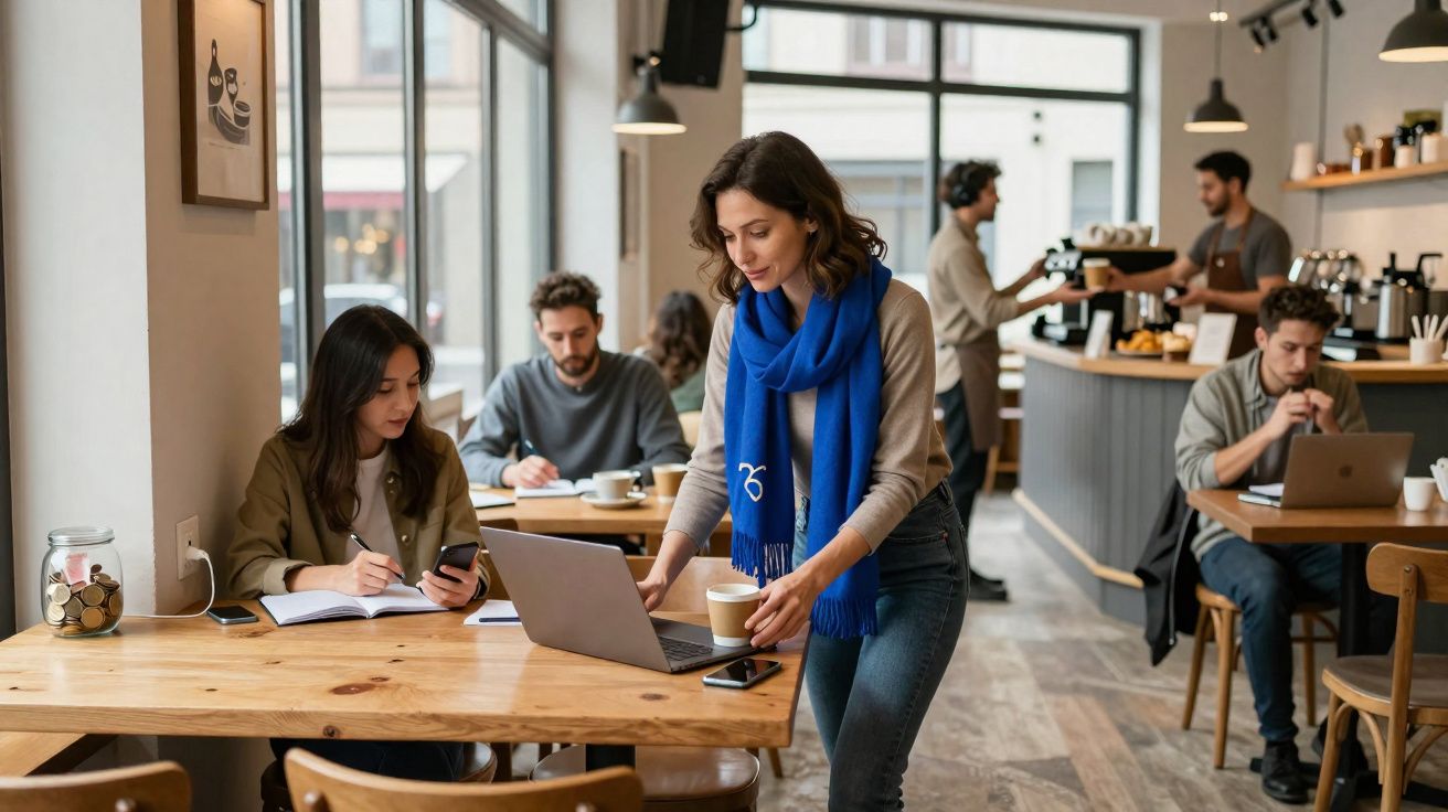 Mulher com cachecol azul em café com portátil e chávena de café, outras pessoas trabalham e conversam ao fundo.