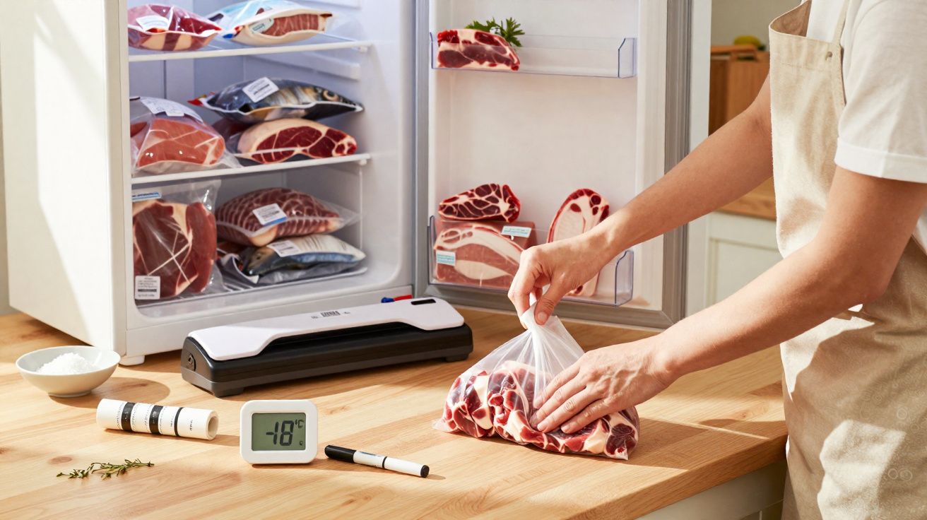 Pessoa a embalar carne vermelha em saco plástico junto a frigorífico cheio de carnes embaladas e termómetro a marcar -18°C.