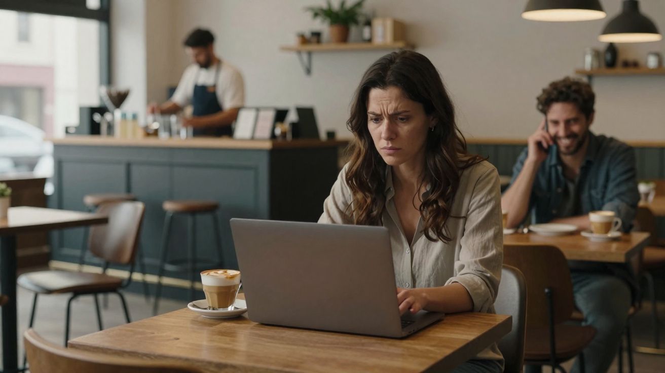 Mulher preocupada a trabalhar no portátil num café, com barista e outro cliente ao fundo.