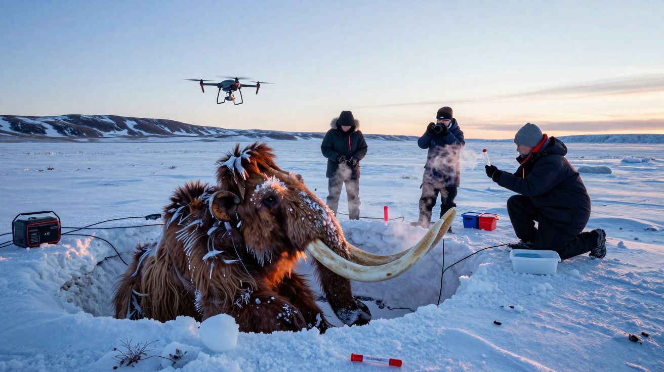 Investigadores observam um mamute em cativeiro na neve, com drone a voar e equipamento científico perto.