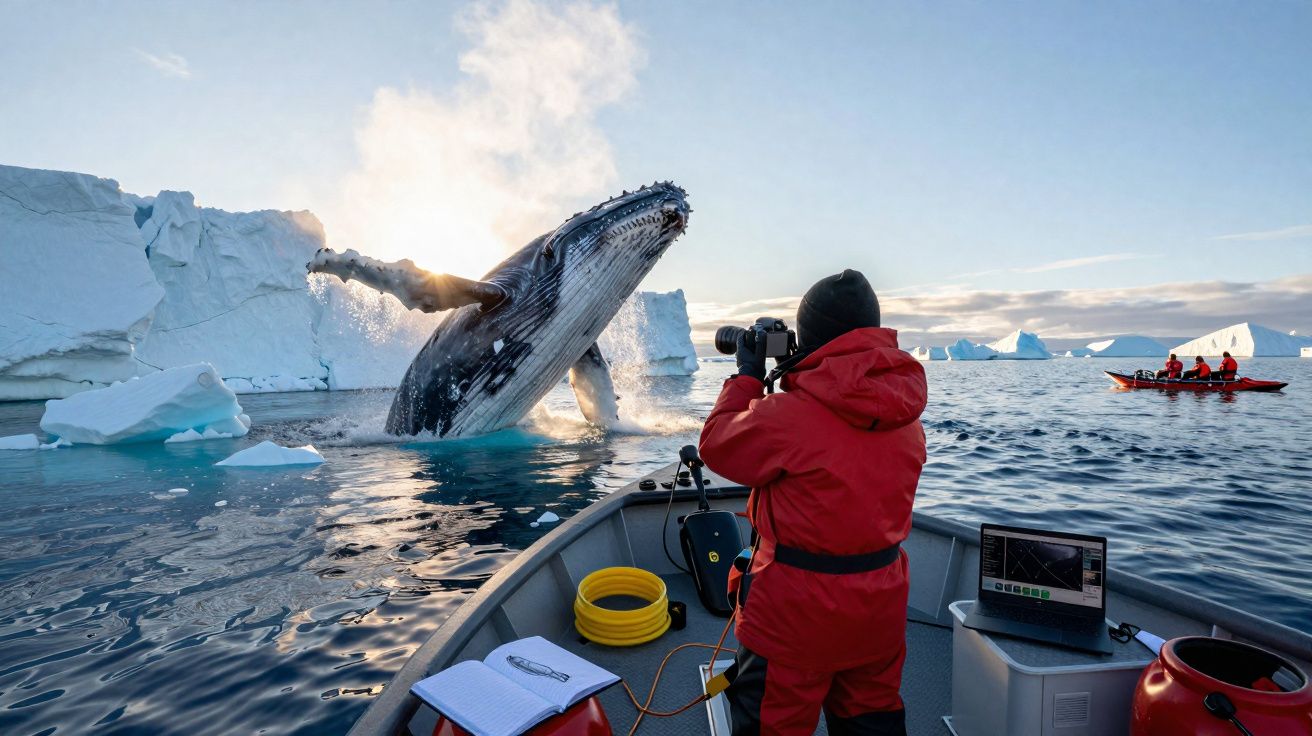 Fotógrafo de roupa vermelha a captar uma baleia a saltar junto a blocos de gelo no mar gelado.