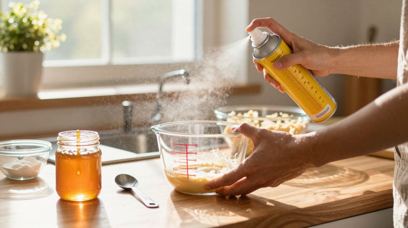 Pessoa pulveriza óleo em recipiente de vidro com ingredientes para cozinhar numa cozinha iluminada.