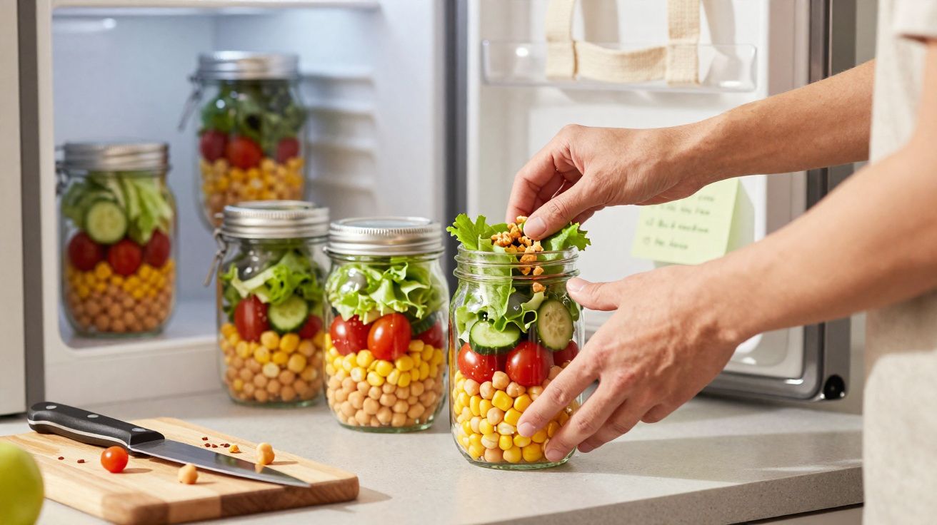 Mãos a preparar salada em frascos de vidro com grão, tomate cherry, alface e pepino junto a frigorífico aberto.