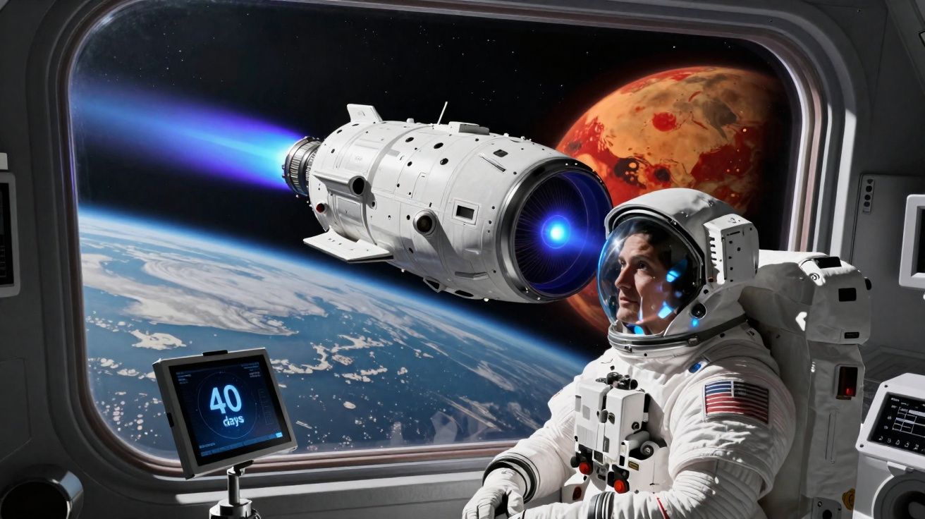 Astronauta dentro de nave espacial, com grande janela mostrando Terra, planeta vermelho e nave em órbita.