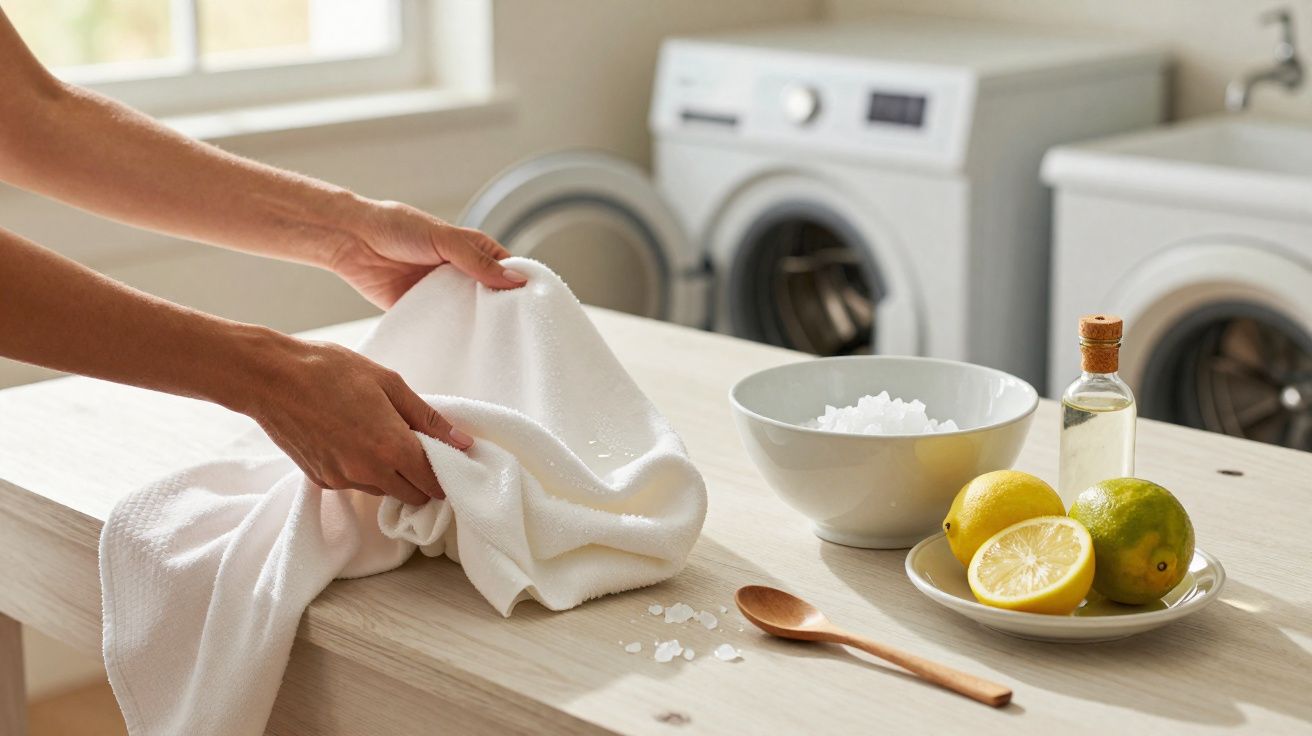 Mãos a limpar uma toalha branca com ingredientes naturais numa mesa, com máquinas de lavar ao fundo.