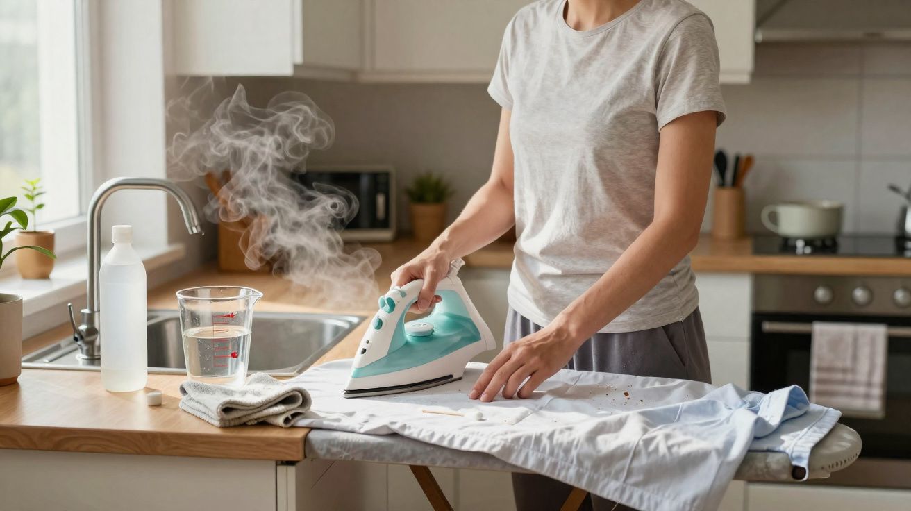Pessoa a passar a ferro uma camisa branca numa cozinha com ferro a emitir vapor.