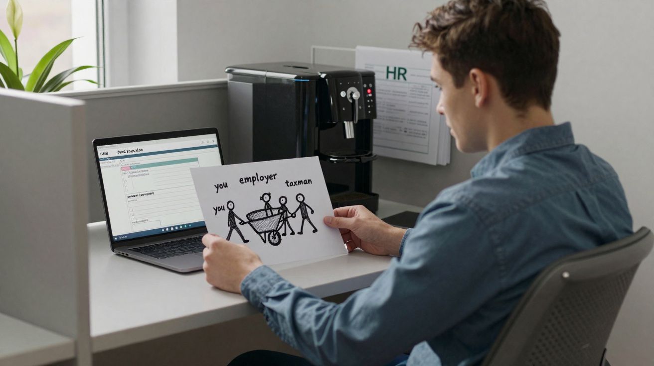 Homem sentado numa secretária, a olhar para um desenho com bonecos e texto em inglês sobre empregador e imposto.