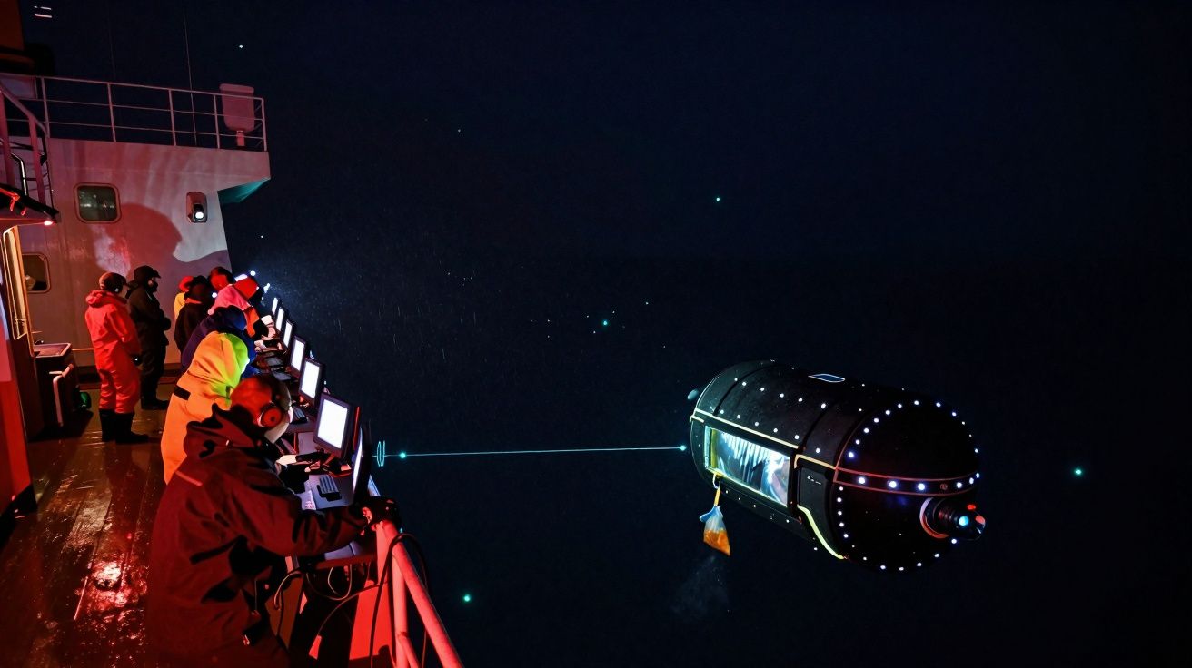 Equipa a bordo de navio a operar submersível iluminado durante missão noturna no mar.