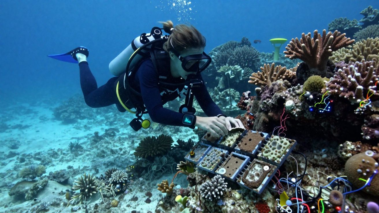 Mergulhador a examinar estrutura artificial para corais no fundo do mar com recife e equipamentos de mergulho.