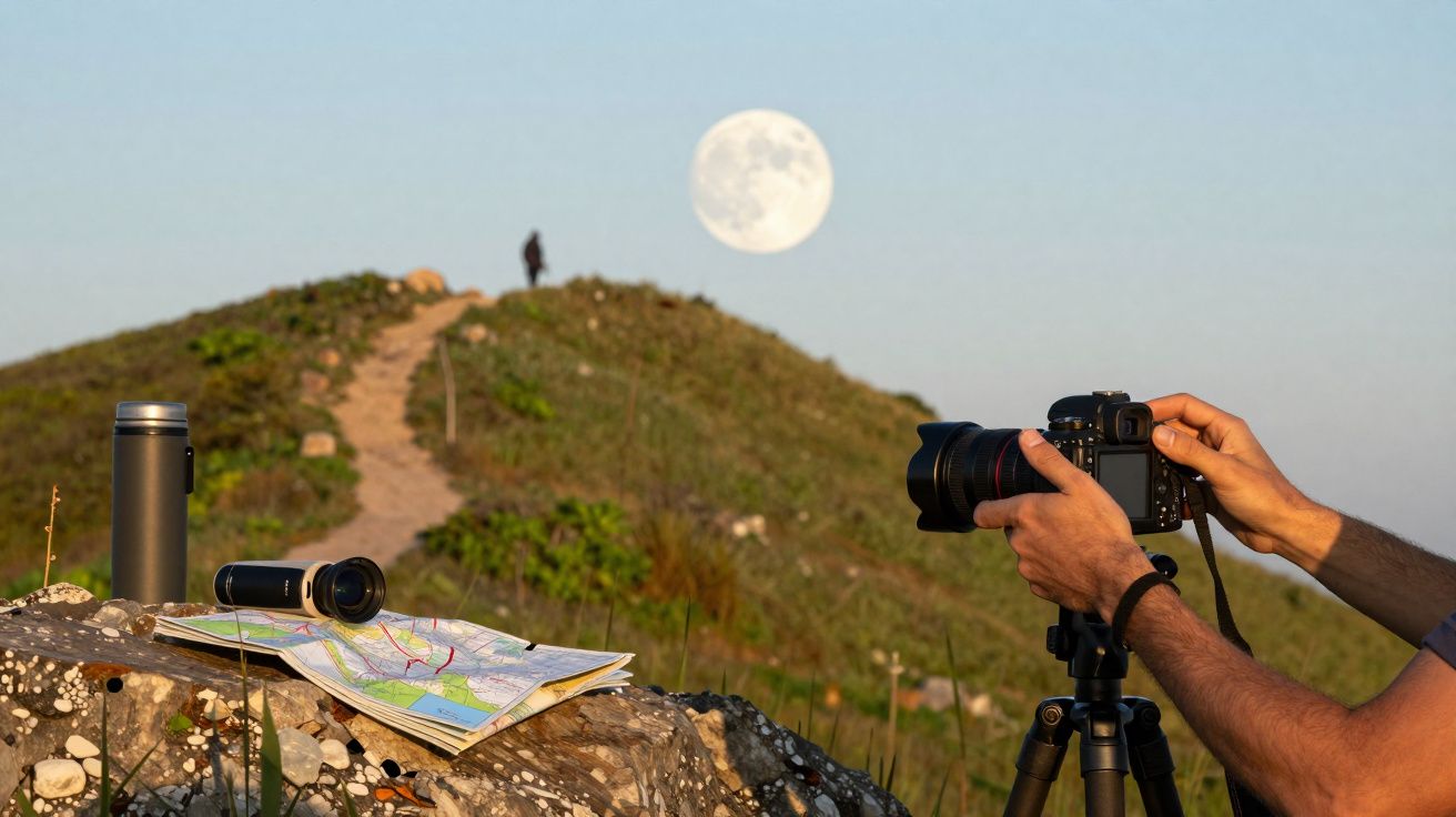Pessoa a fotografar a lua cheia num monte com mapa, termoss e lente em primeiro plano.