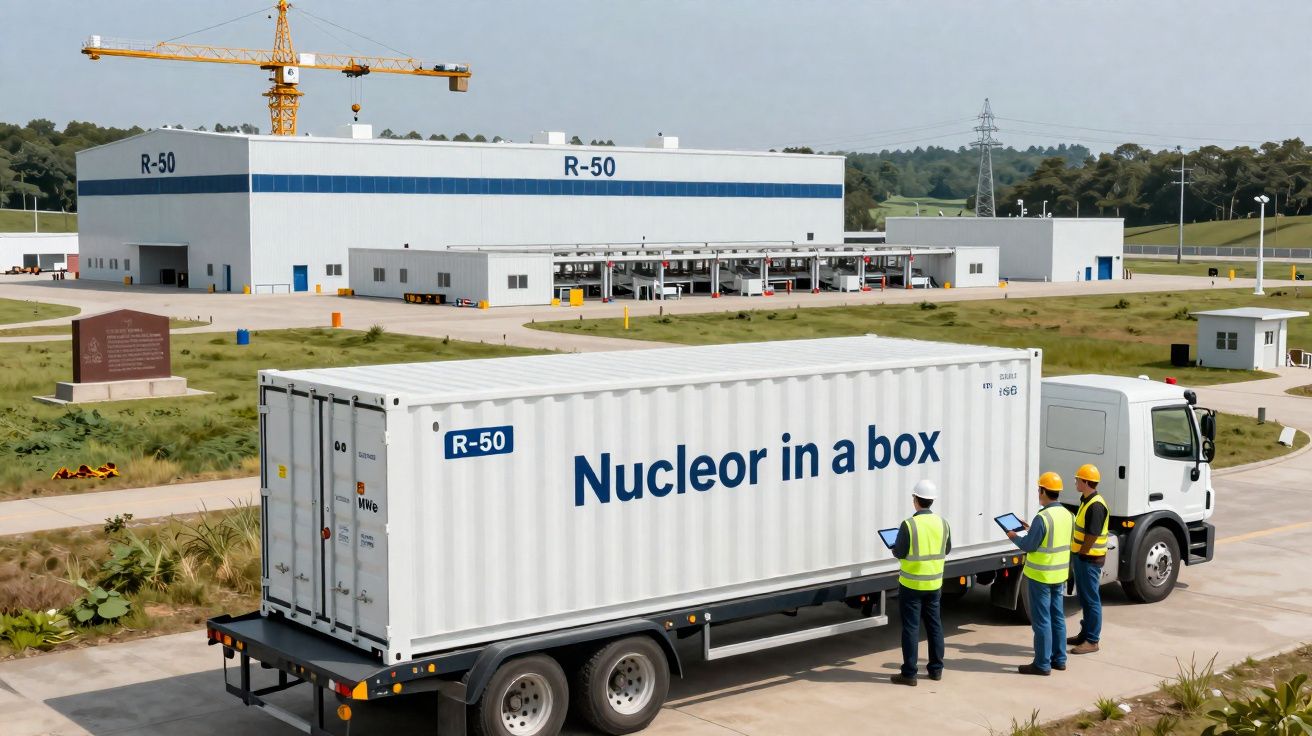 Camião branco com contentor "Nucleor in a box" e três trabalhadores com coletes e capacetes em zona industrial.
