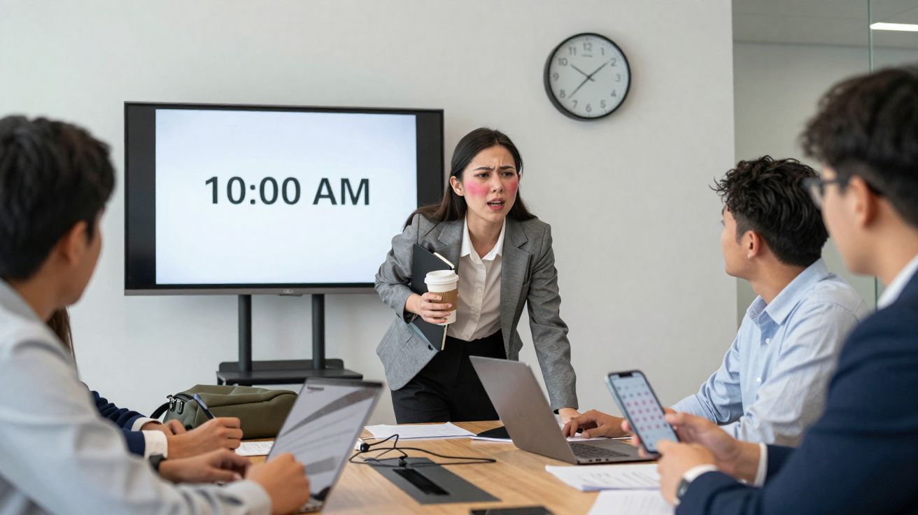 Mulher de negócios irritada fala com colegas numa reunião às 10:00 numa sala com relógio e ecrã visível.