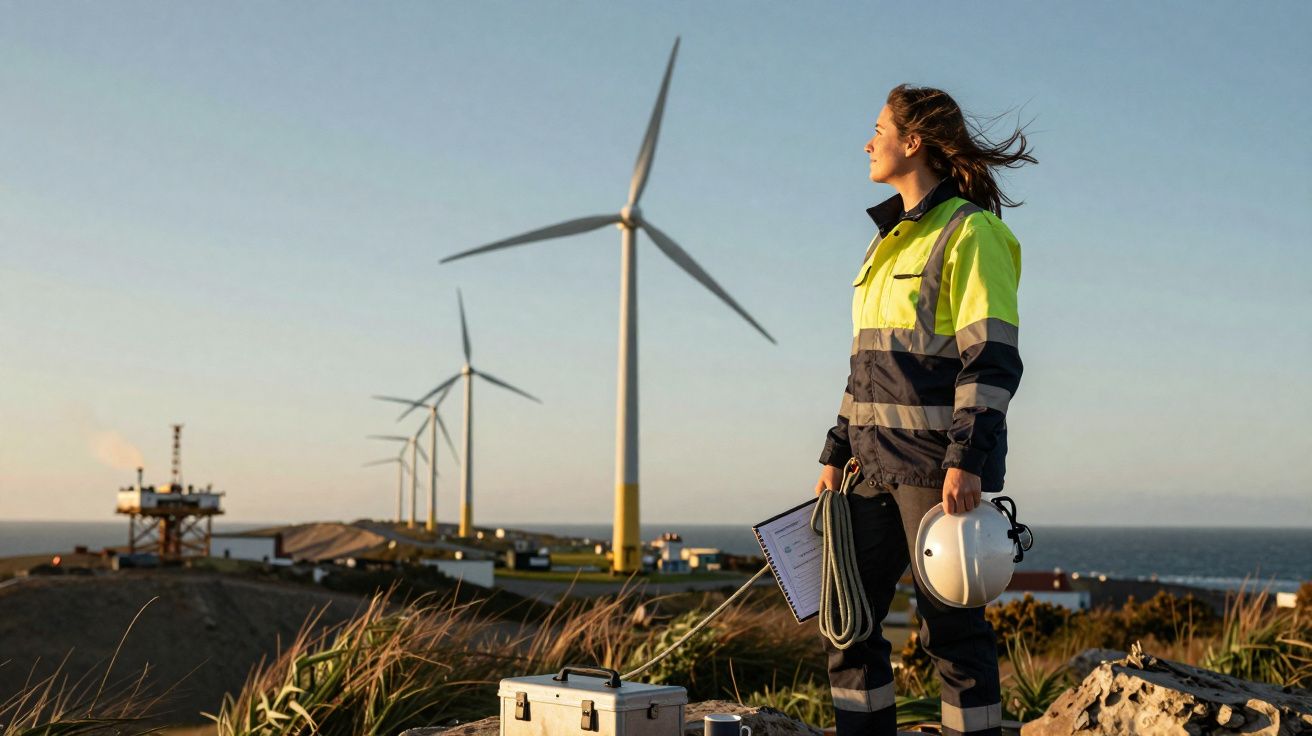 Técnica de energias renováveis com traje de segurança observa turbinas eólicas junto ao mar ao pôr do sol.
