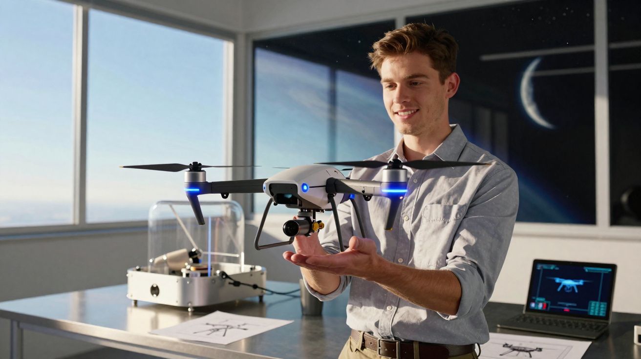 Homem segura drone tecnológico num ambiente de escritório moderno com computador e desenhos técnicos.