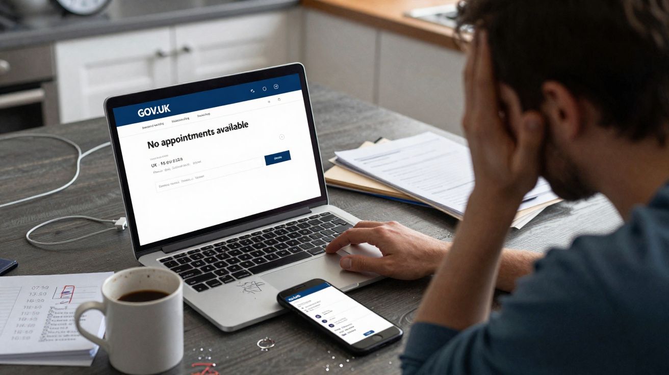 Homem preocupado a ver no computador mensagem de "No appointments available" no site GOV.UK numa mesa com documentos e café.