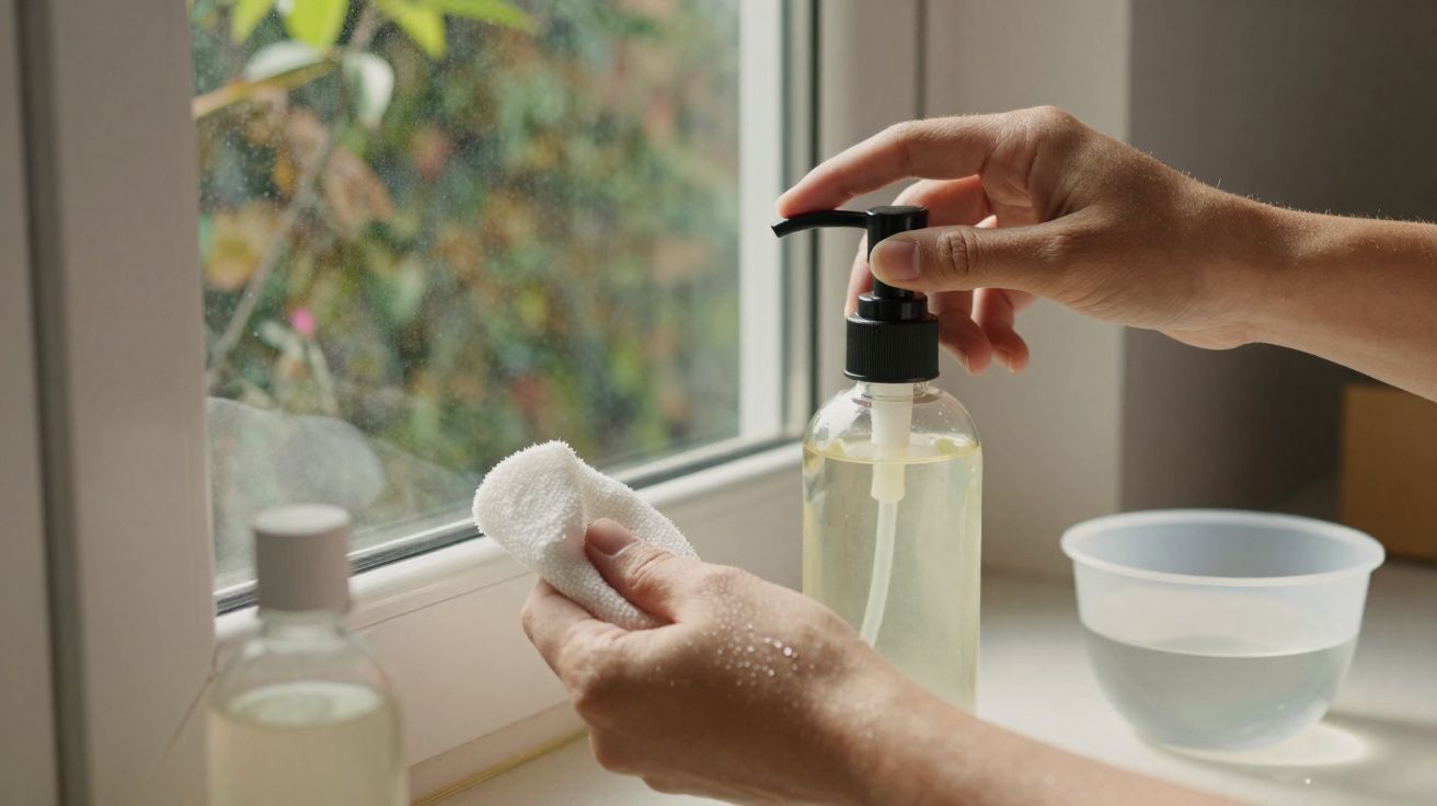 Mãos a pressionar doseador de sabonete líquido com toalha branca junto a janela e copo de água.