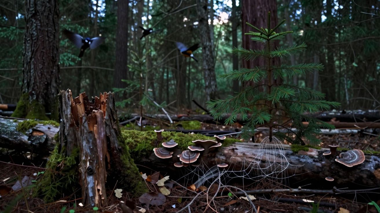 Floresta densa com troncos caídos cobertos de cogumelos e musgo, aves a voar e teias de aranha entre as plantas.