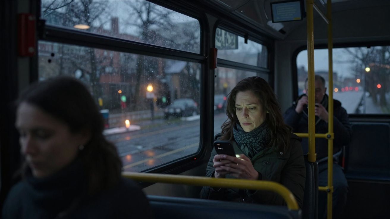 Passageira focada no telemóvel dentro de autocarro numa tarde chuvosa e cinzenta.