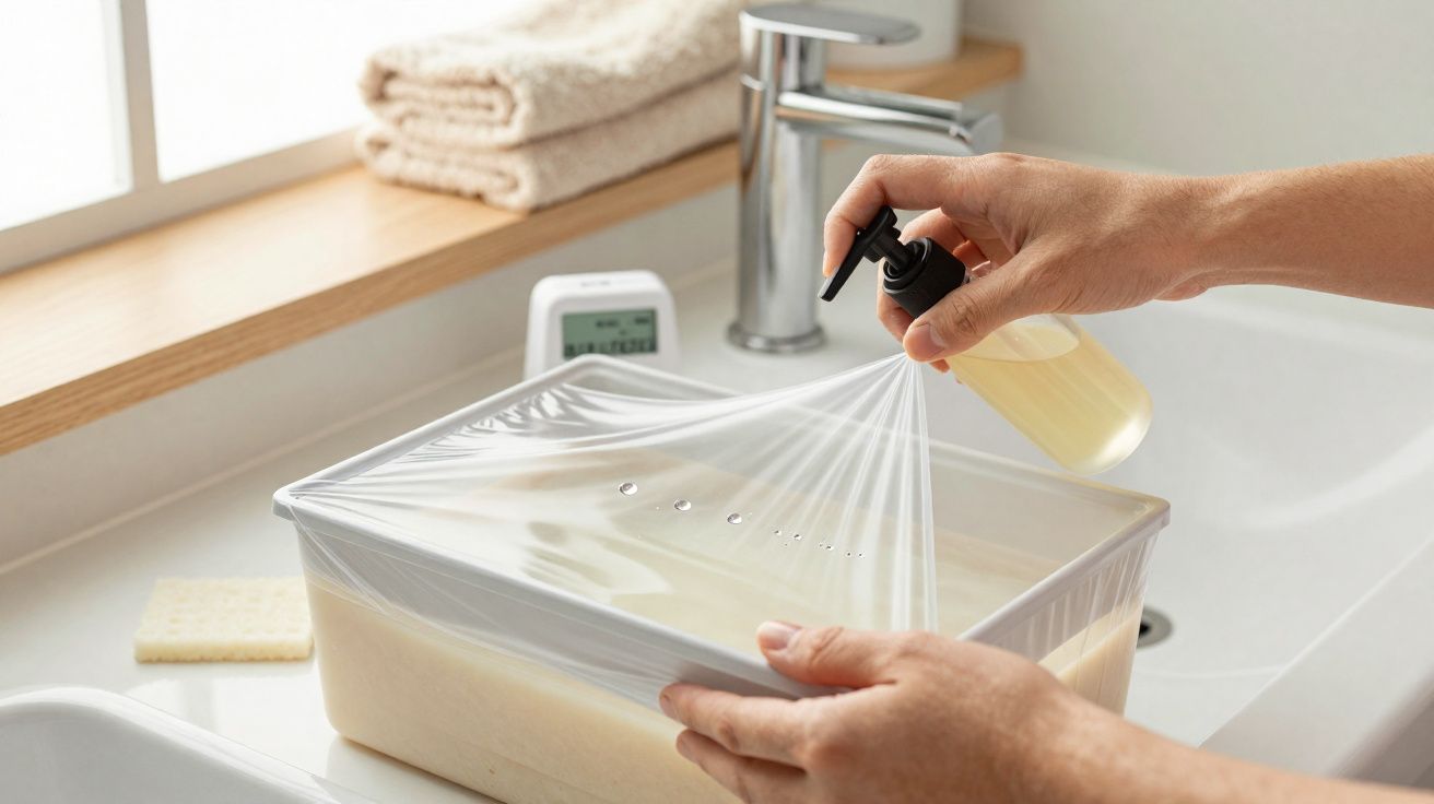 Mãos a borrifar produto numa película sobre recipiente branco com massa líquida numa cozinha.