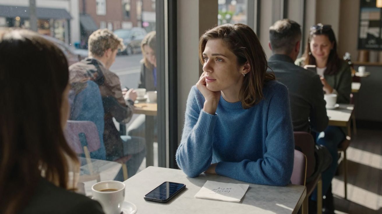 Mulher com suéter azul sentada junto à janela de uma cafetaria, olhando pensativa para fora.
