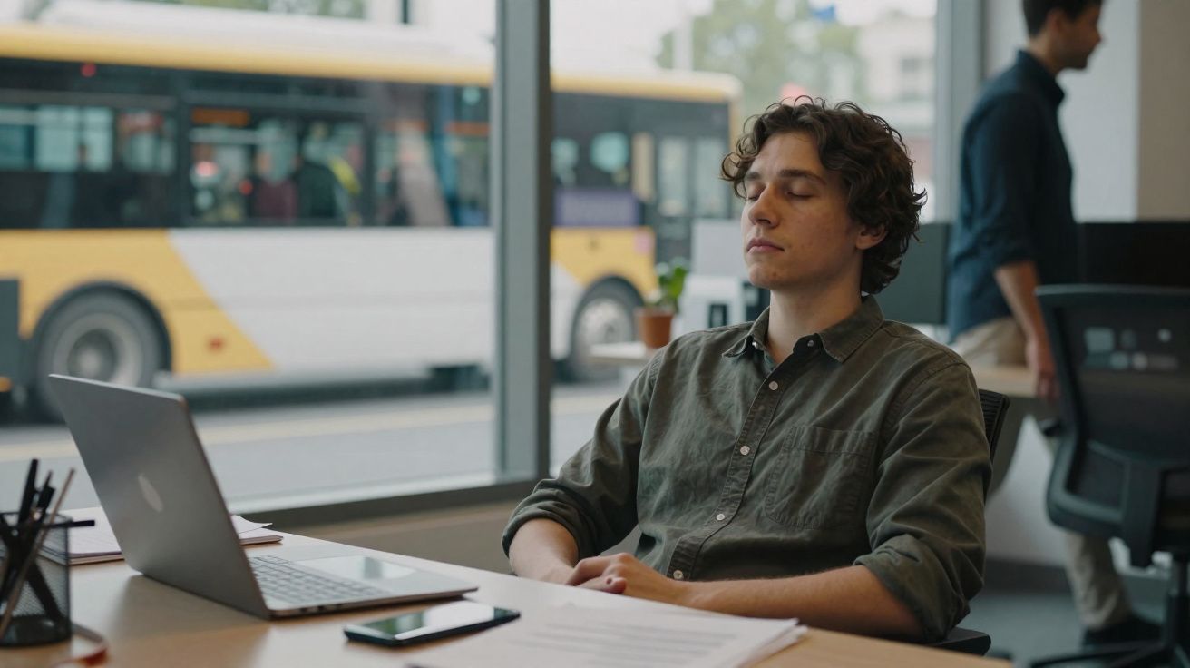 Homem jovem sentado à secretária com olhos fechados, computador portátil e autocarro ao fundo pela janela.