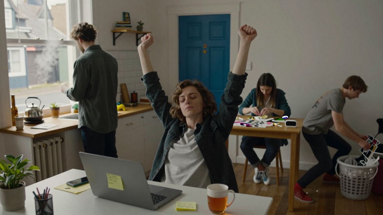 Pessoa a espreguiçar-se à frente de computador, com outras três a realizarem tarefas numa cozinha bem iluminada.