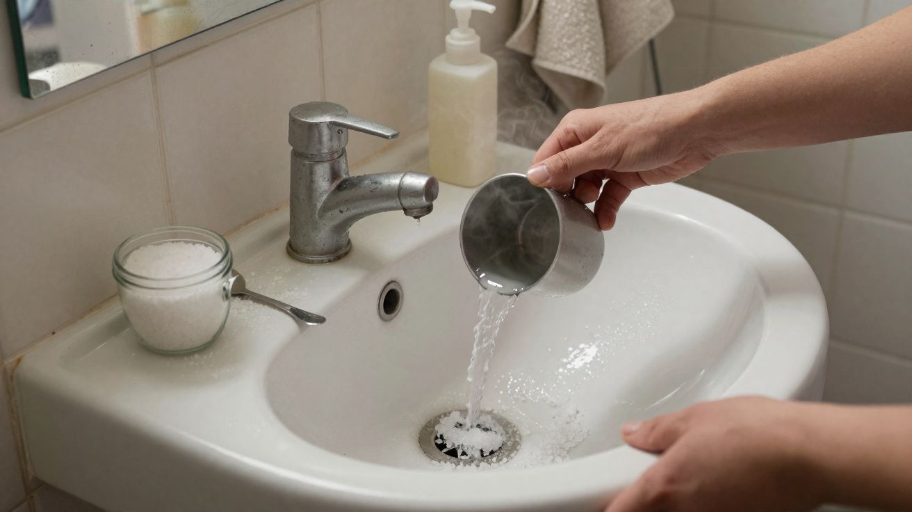 Pessoa a despejar água quente num lava mãos branco com jarro de sal e doseador de sabão ao fundo.