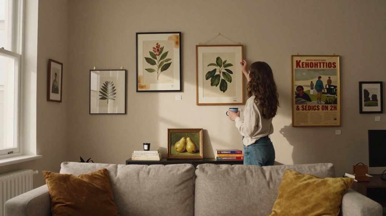 Mulher a apreciar quadros de plantas num ambiente acolhedor de uma sala de estar iluminada pela janela.