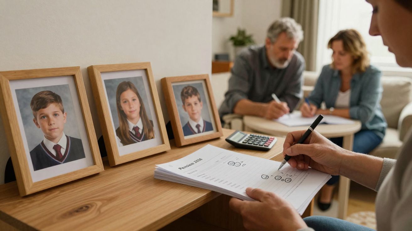 Pessoa a corrigir provas escolares com fotografias de crianças em molduras e casal a discutir contas ao fundo.