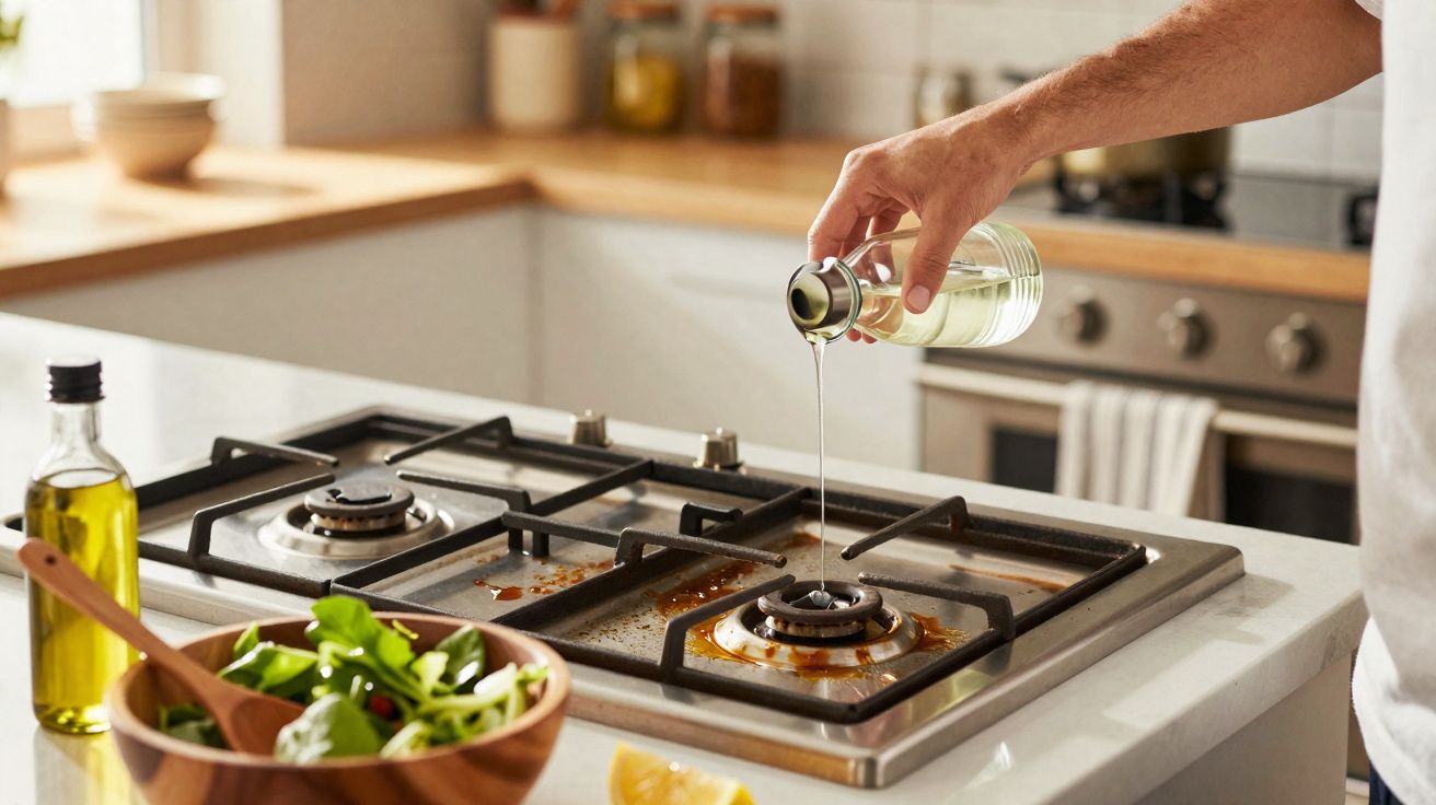 Pessoa a derramar azeite numa placa de fogão a gás numa cozinha moderna com uma taça de salada ao lado.