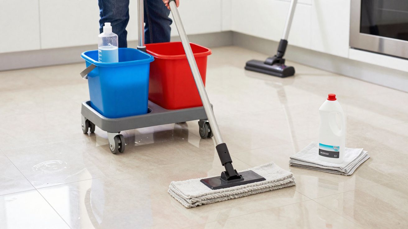Pessoa a limpar chão brilhante com esfregona, baldes e produtos de limpeza numa cozinha moderna.